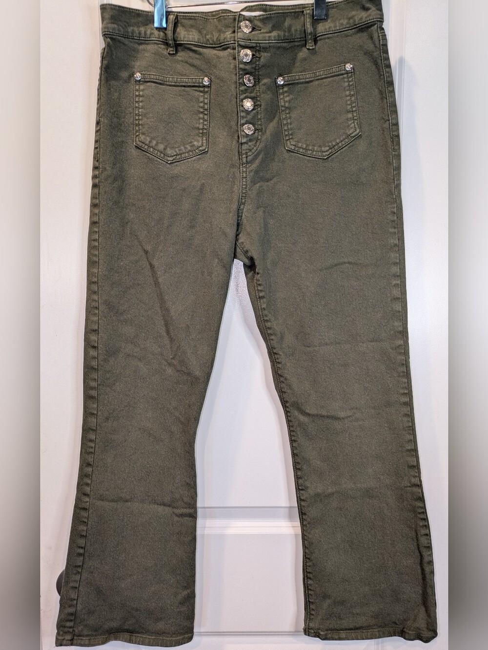 LOFT Olive Green Button Fly Cropped Jeans Womens Size 10 Wide Leg Utility Pants